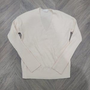 Elodie Faux Wrap V-Neck Sweater Long Sleeve Ribbed Knit Ivory Size Small